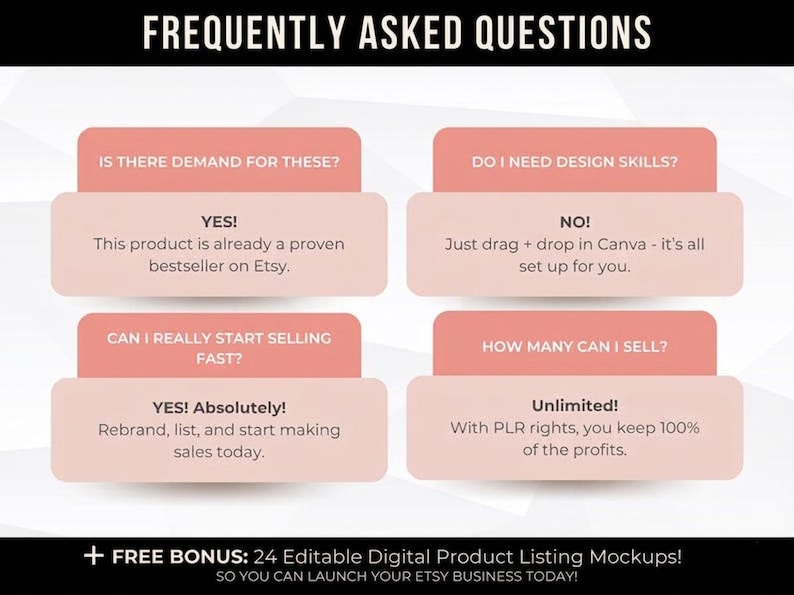 Puede incluir: Infograf&iacute;a con el t&iacute;tulo "PREGUNTAS FRECUENTES" y respuestas sobre la venta en Etsy. Las preguntas y respuestas se muestran en cuadros rosas y blancos. La imagen tambi&eacute;n incluye una oferta de bonificaci&oacute;n de maquetas de productos digitales editables.