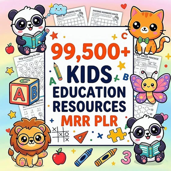 99500+ Kids Learning Bundle Coloring Pages Worksheets Activities PLR MRR Rights Digital Download Printables, Gift