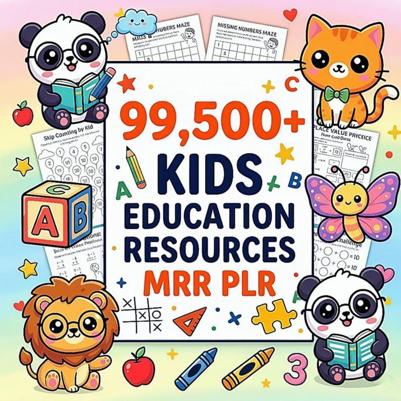K&ouml;nnte beinhalten: Eine farbenfrohe Illustration mit Zeichentricktieren und Lernmaterialien. Das Bild zeigt den Text "99.500+ KIDS EDUCATION RESOURCES MRR PLR" sowie Lernaktivit&auml;ten wie Labyrinthe und Z&auml;hlen. Niedliche Charaktere wie Pandas, eine Katze und ein L&ouml;we sind ebenfalls vorhanden.