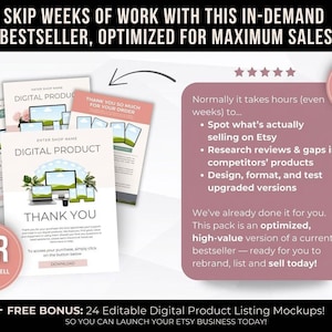 Puede incluir: La imagen presenta maquetas de productos digitales con las palabras &laquo;Producto Digital&raquo; y &laquo;Gracias&raquo;. Un c&iacute;rculo rosa dice &laquo;PLR Edit + Resell Today&raquo;. El texto destaca un superventas optimizado y de alto valor. Incluye una oferta del 70% de descuento hoy.