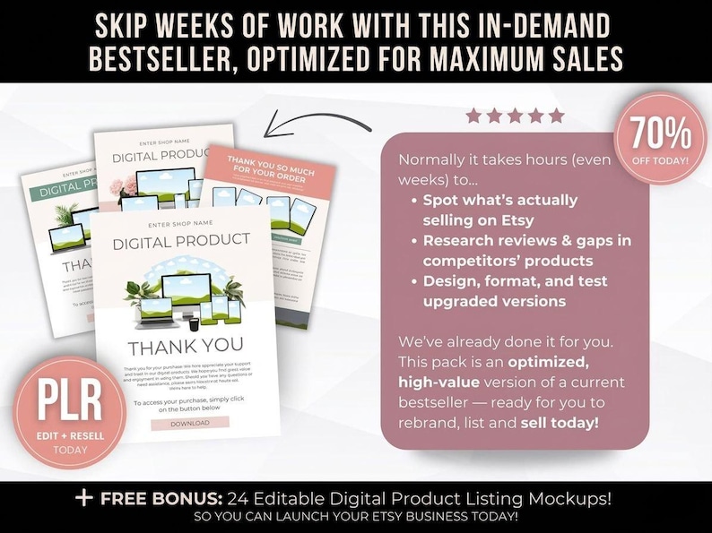 Puede incluir: La imagen presenta maquetas de productos digitales con las palabras &laquo;Producto Digital&raquo; y &laquo;Gracias&raquo;. Un c&iacute;rculo rosa dice &laquo;PLR Edit + Resell Today&raquo;. El texto destaca un superventas optimizado y de alto valor. Incluye una oferta del 70% de descuento hoy.