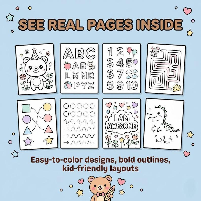 May include: A collection of eight coloring pages with various designs, including a bear, letters, numbers, a maze, shapes, and a dinosaur. Text on the image reads "SEE REAL PAGES INSIDE" and "I AM AWESOME". The pages have bold outlines and kid-friendly layouts.
