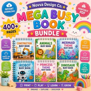 May include: A digital bundle of six spiral-bound busy books titled Mega Busy Book Bundle. The collection features themes including construction, animals, mermaids, robots, princesses, and dinosaurs, with 400+ pages for instant download as a PDF.
