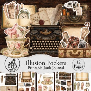 Op de afbeelding: Een verzameling printbaar junk journal materiaal met vintage illustraties van een zwarte typemachine, bloemrijke theekopjes, koffers, camera's, brieven met waszegels, veren en macarons. De tekst luidt Illusion Pockets Printable Junk Journal.