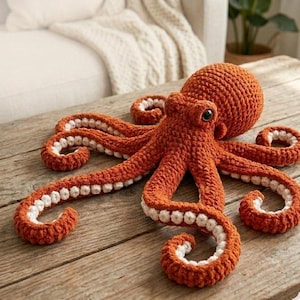 Op de afbeelding: Een roestkleurige gehaakte octopus knuffel met een ronde kop, twee donkere ogen en acht gekrulde tentakels. De onderkant van elke tentakel is afgewerkt met een reeks kleine, witte, cirkelvormige gehaakte details die zuignappen voorstellen.