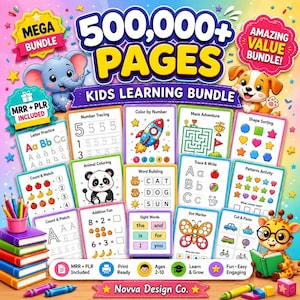 May include: A digital kids learning bundle featuring 500,000+ pages of educational activities including number tracing, color by number, mazes, shape sorting, letter practice, animal coloring, word building, and math worksheets with a colorful rainbow background.