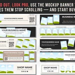 May include: A collection of mockup banners with various designs, featuring text fields for business names and taglines. The banners have a light green and white color scheme, with a call to action to stop scrolling and start buying.