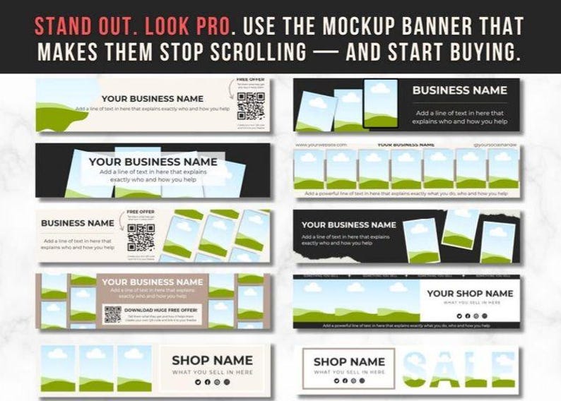 May include: A collection of mockup banners with various designs, featuring text fields for business names and taglines. The banners have a light green and white color scheme, with a call to action to stop scrolling and start buying.