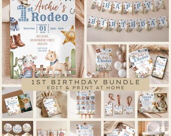 My First Rodeo Party Bundle | My 1st Rodeo Invitation & Decor | Cowboy Western Printable Birthday Set | Editable Canva Invitation and Decor