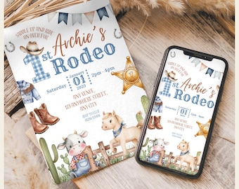 First Rodeo Birthday Invitation Bundle | Western Cowboy Canva Template