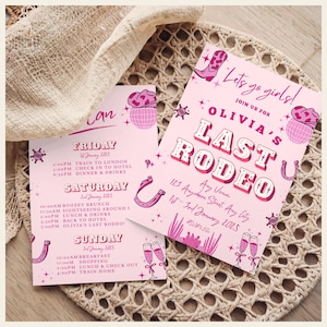 Puede incluir: Tarjetas de invitación rosas con temática de vaquera. Las tarjetas presentan el texto "Olivia's Last Rodeo" e incluyen ilustraciones de botas de vaquero, una bola de discoteca y una herradura. Las tarjetas están sobre un mantel individual tejido.