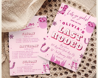 May include: Pink invitation cards with a cowgirl theme. The cards feature text that reads "Olivia's Last Rodeo" and include illustrations of cowboy boots, a disco ball, and a horseshoe. The cards are set on a woven placemat.