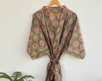 Kimono z bawełny z nadrukiem kwiatowym – ręcznie robiony indyjski strój domowy | Prezent dla niej