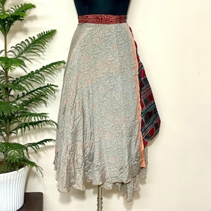 Patchwork Silk Midi Wrap Skirt, Bohemian Ethnic Style, Festival Wear, Champagne Gold