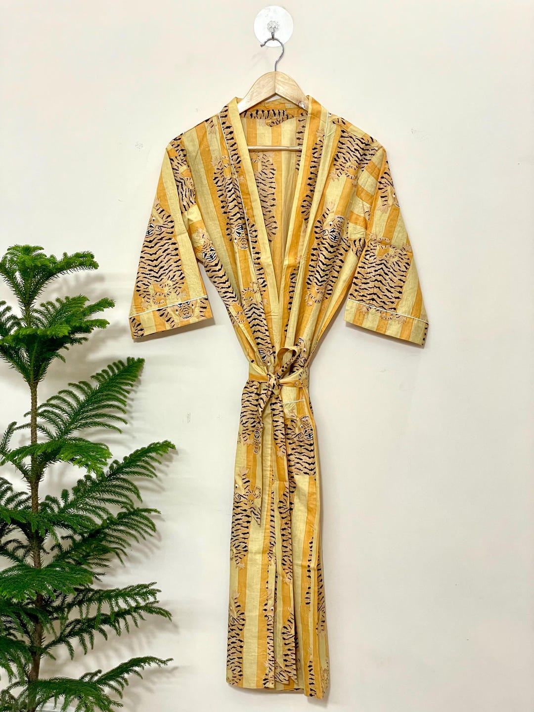Mustard Yellow Robe Mustard Yellow Tiger Print Kimono | Boho Cotton Robe, Beach Cover Up - Etsy