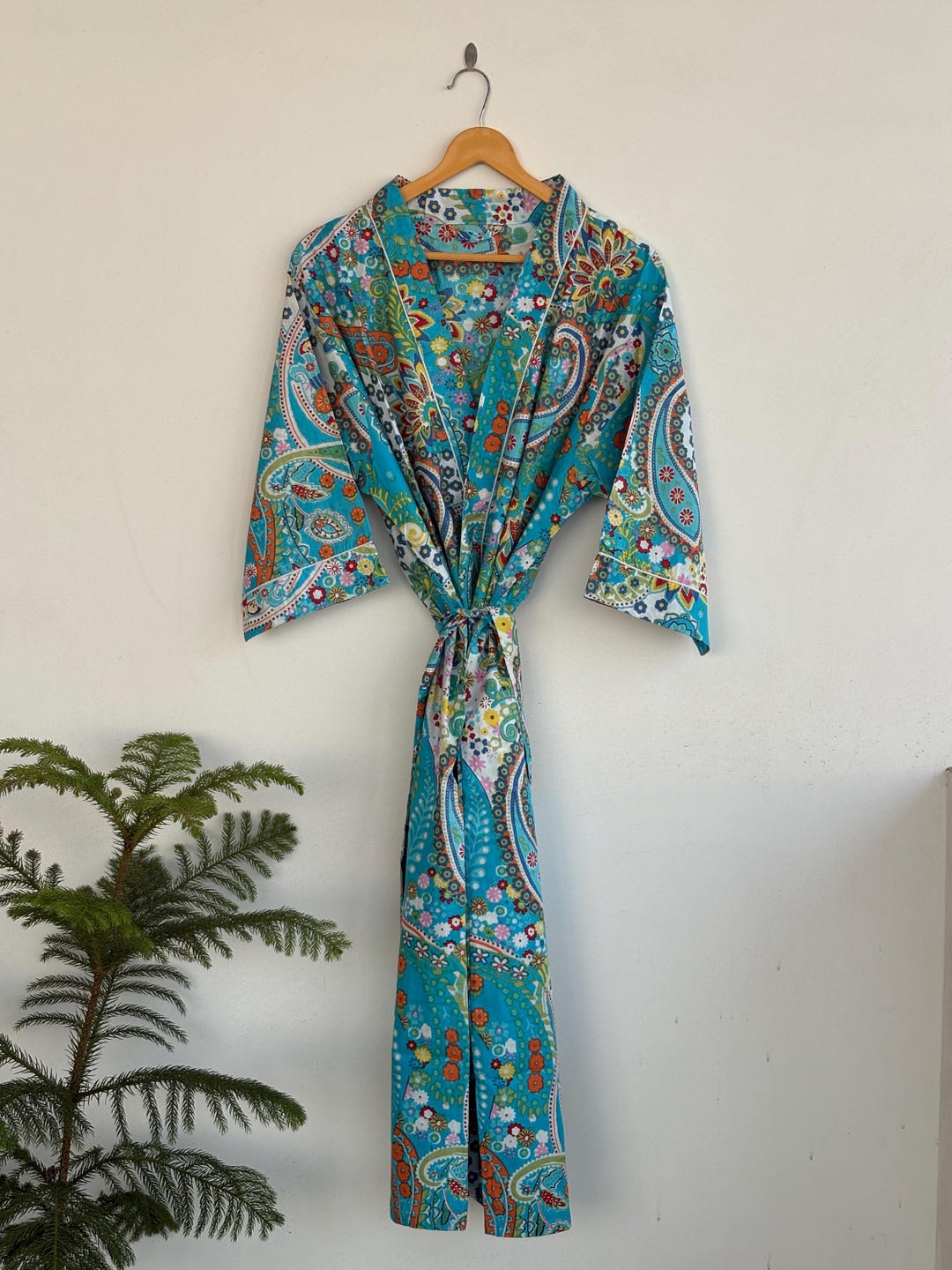Aqua Blue Paisley Cotton Kimono Robe, Boho Block Print Bathrobes Women ...