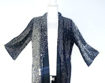 silver sequin black velvet long cardigan, party sequin coat, long cardigan, velvet kimono, silver duster, ceremony, trendy festival kimono