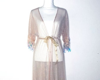 nude mesh iridesent fringe kimono, blush nude chiffon fringe duster, nude tulle party burlesque, sheer mesh robe,fringe mesh festival party