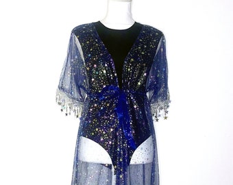 blue mesh fringe kimono olographic stars print, stars party duster, long mesh duster, festival party kimono, mesh maxi coat, sheer mesh robe