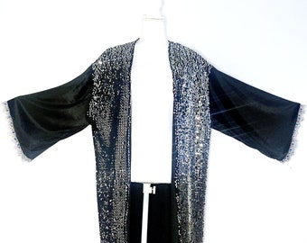 silver sequin kimono, black velvet with sequin duster, black velvet silver coat ,party sequin robe,black velvet sequin festival party