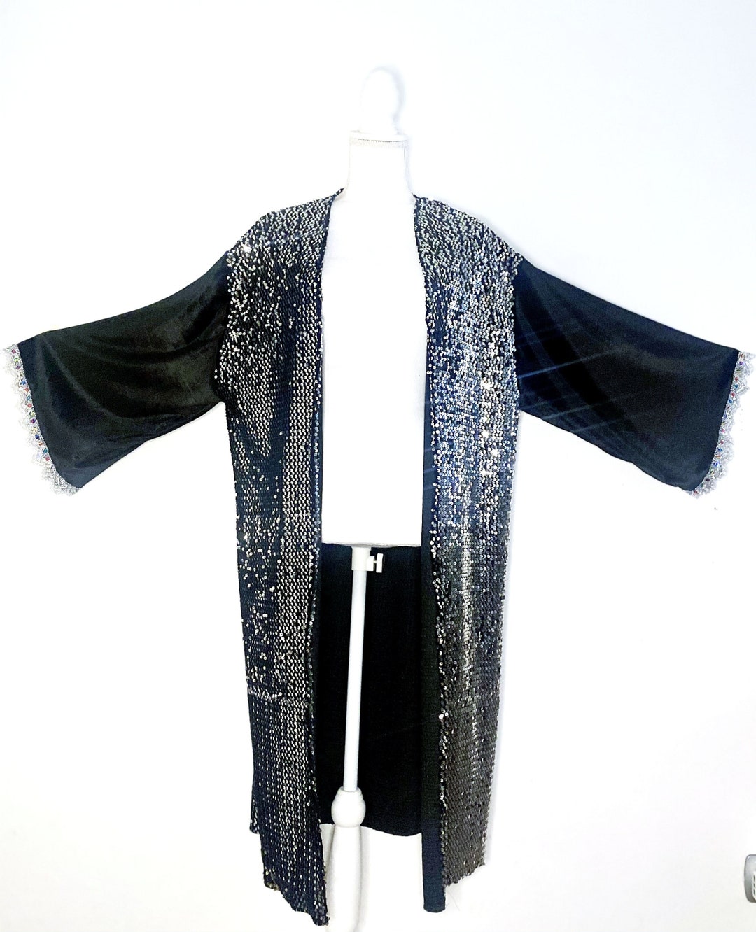 Silver Sequin Kimono Black Velvet With Sequin Duster Black Etsy