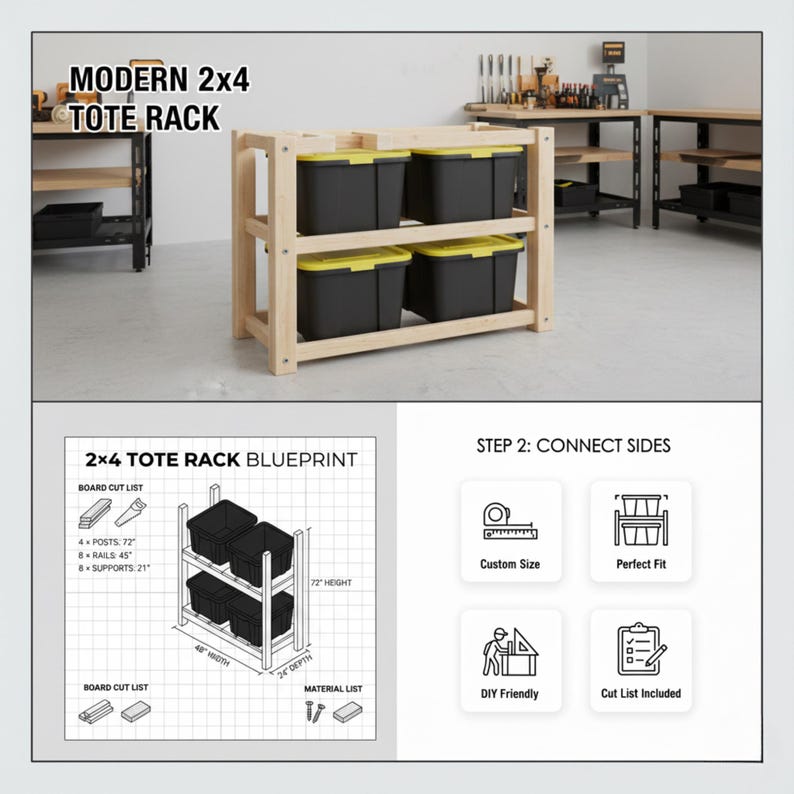 Storage Container Rack 2x4 2x4 Gallon Storage Tote | Wood Organizer Build | Heavy-duty Shelf ...
