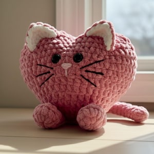 May include: A handmade pink crochet cat with black button eyes and black whiskers. The cat has white inner ears and a small tail. The cat is sitting on a wooden surface near a window.