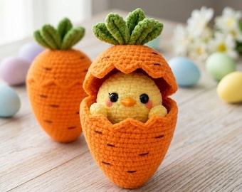 Hatching Carrot Crochet Pattern PDF – Bunny in Carrot Amigurumi, Low Sew DIY