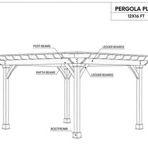 May include: A black and white pergola plan, labeled "PERGOLA PLAN" with dimensions of 12x16 ft. The diagram shows the structure's components, including post beams, rafter beams, and ledger boards. The design is a detailed architectural illustration.