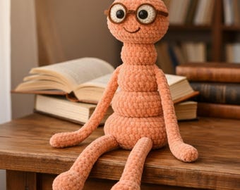 Marcus The Worm Crochet Pattern PDF – Benny the Bookworm Amigurumi, Meme Plush Toy, No Sew