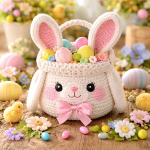 Peut inclure: Un panier de Pâques en crochet en forme de lapin, rempli d'œufs de Pâques colorés et de petites fleurs. Le panier a de grandes oreilles de lapin avec une doublure rose, un nœud rose et un visage souriant. Des œufs et des fleurs décoratifs entourent le panier.