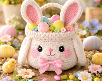 Easter Bow Bunny Basket Crochet Pattern Amigurumi Bunny Egg Hunt Bucket Spring Decor PDF