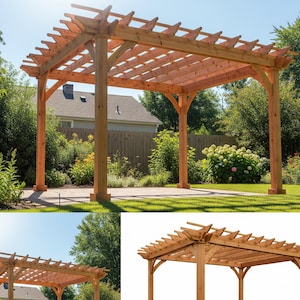 May include: A large, wooden pergola with a slatted roof, supported by four sturdy posts. The structure is made of light brown wood and is set in a backyard with green grass and flowering plants. The pergola provides shade and adds a decorative element to the outdoor space.