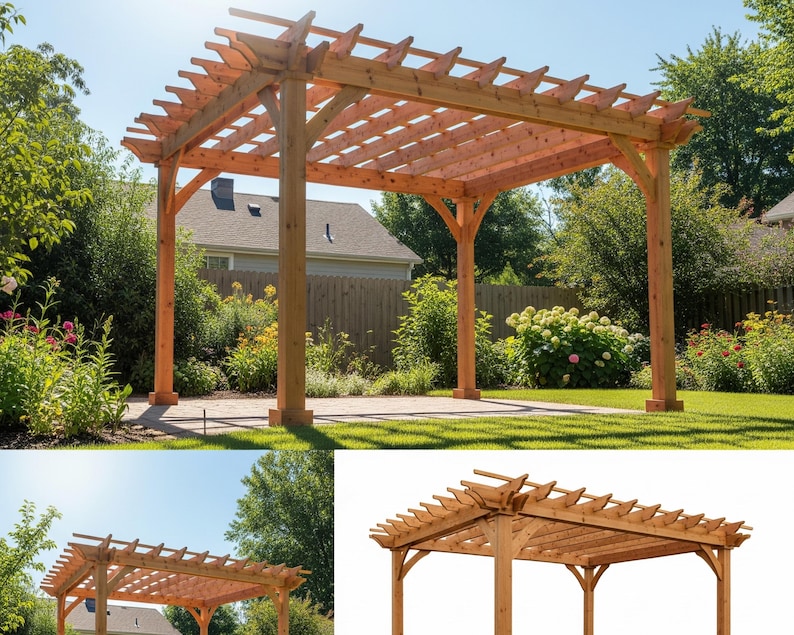 May include: A large, wooden pergola with a slatted roof, supported by four sturdy posts. The structure is made of light brown wood and is set in a backyard with green grass and flowering plants. The pergola provides shade and adds a decorative element to the outdoor space.