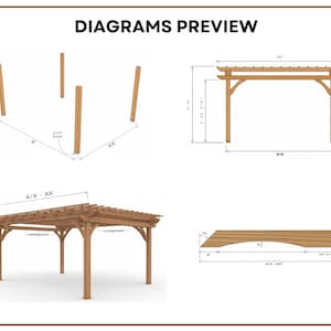 May include: Diagrams preview of a wooden pergola, showcasing different views and dimensions. The diagrams include top-down, side, and angled perspectives, with measurements in feet and inches. The text "DIAGRAMS PREVIEW" is at the top.