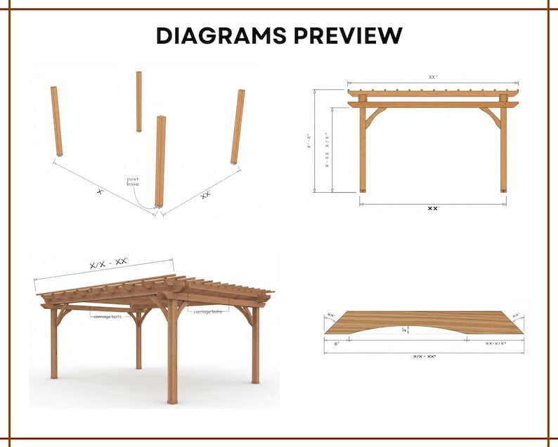 May include: Diagrams preview of a wooden pergola, showcasing different views and dimensions. The diagrams include top-down, side, and angled perspectives, with measurements in feet and inches. The text "DIAGRAMS PREVIEW" is at the top.