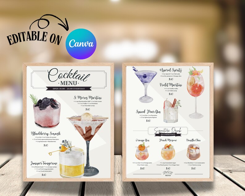 Editable Bar Menu Template: Modern Wedding Drink Sign (canva Digital ...