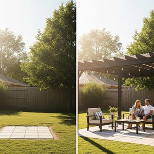 May include: A backyard scene with a wooden pergola, seating, and a small table. A couple is seated on the furniture. The scene is bathed in sunlight, with a green lawn and trees in the background. String lights are hanging from the pergola.
