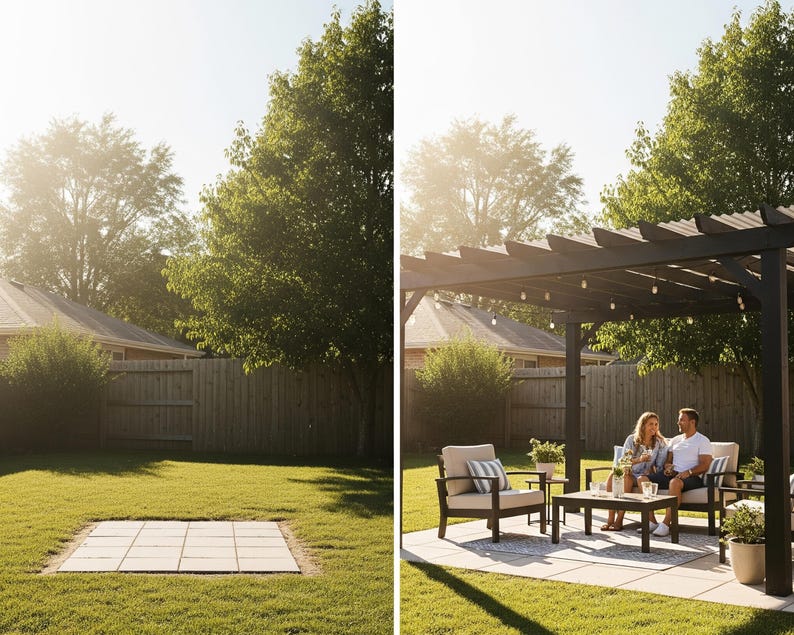 May include: A backyard scene with a wooden pergola, seating, and a small table. A couple is seated on the furniture. The scene is bathed in sunlight, with a green lawn and trees in the background. String lights are hanging from the pergola.