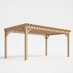 May include: A wooden pergola with a rectangular roof and four supporting posts. The structure is made of light-colored wood and has a slatted roof design, providing partial shade. The pergola is designed for outdoor use.