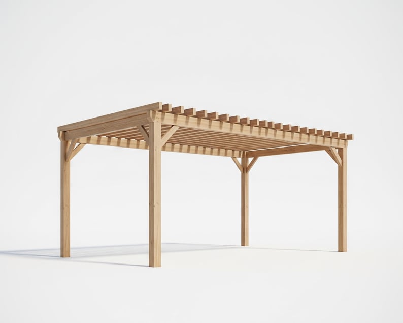 May include: A wooden pergola with a rectangular roof and four supporting posts. The structure is made of light-colored wood and has a slatted roof design, providing partial shade. The pergola is designed for outdoor use.