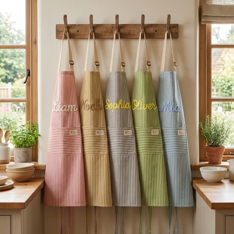 K&ouml;nnte beinhalten: F&uuml;nf gestreifte Sch&uuml;rzen in Rosa, Gelb, Grau, Gr&uuml;n und Blau h&auml;ngen an Holzhaken. Jede Sch&uuml;rze hat einen anderen Namen aufgestickt: Liam, Noah, Sophia, Oliver und Mia. Die Sch&uuml;rzen haben eine Tasche und beige Tr&auml;ger.