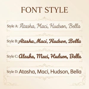 K&ouml;nnte beinhalten: Grafik mit vier verschiedenen Schriftarten, gekennzeichnet mit A bis D. Jeder Stil zeigt die Namen Atasha, Maci, Hudson und Bella. Der Text "FONT STYLE" steht oben, mit dekorativen Verzierungen.