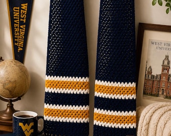 WVU-inspired Navy and Gold Handmade Scarf with Fringe | Game Day Football Scarf in Team Colors | Weat Virginia Alumni and Student Gift