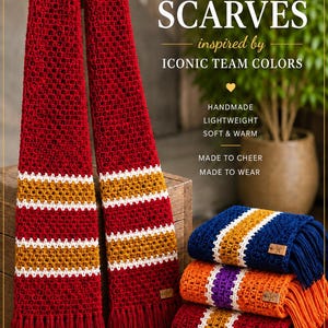 May include: A red crochet scarf with white and gold stripes is displayed on a wooden hanger. Other folded scarves in blue, orange, and red are also visible. The image includes the text "Luxury Scarves" and "Handmade for Seasons Worth Remembering."