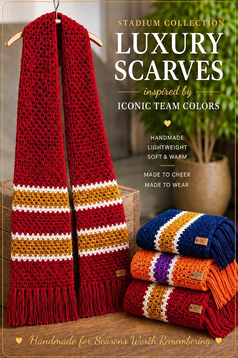 May include: A red crochet scarf with white and gold stripes is displayed on a wooden hanger. Other folded scarves in blue, orange, and red are also visible. The image includes the text "Luxury Scarves" and "Handmade for Seasons Worth Remembering."