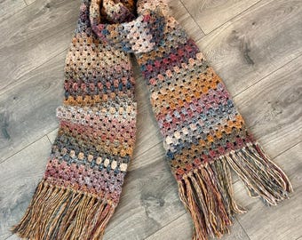 Handmade Crochet Rich Brown Earthtones Wool Blend Scarf – Soft, Warm & Cozy - Granny Stitch