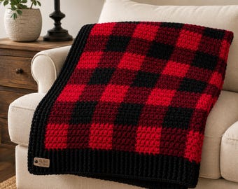 Manta clásica de ganchillo a cuadros de búfalo / Manta roja y negra hecha a mano / Decoración rústica de granja / Manta de cabaña / Colección Heritage
