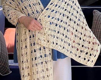 Chal ligero de algodón tejido a crochet – Chal vaporoso para los hombros en verano, chal de encaje color crema, elegante prenda para cubrirse hecha a mano.