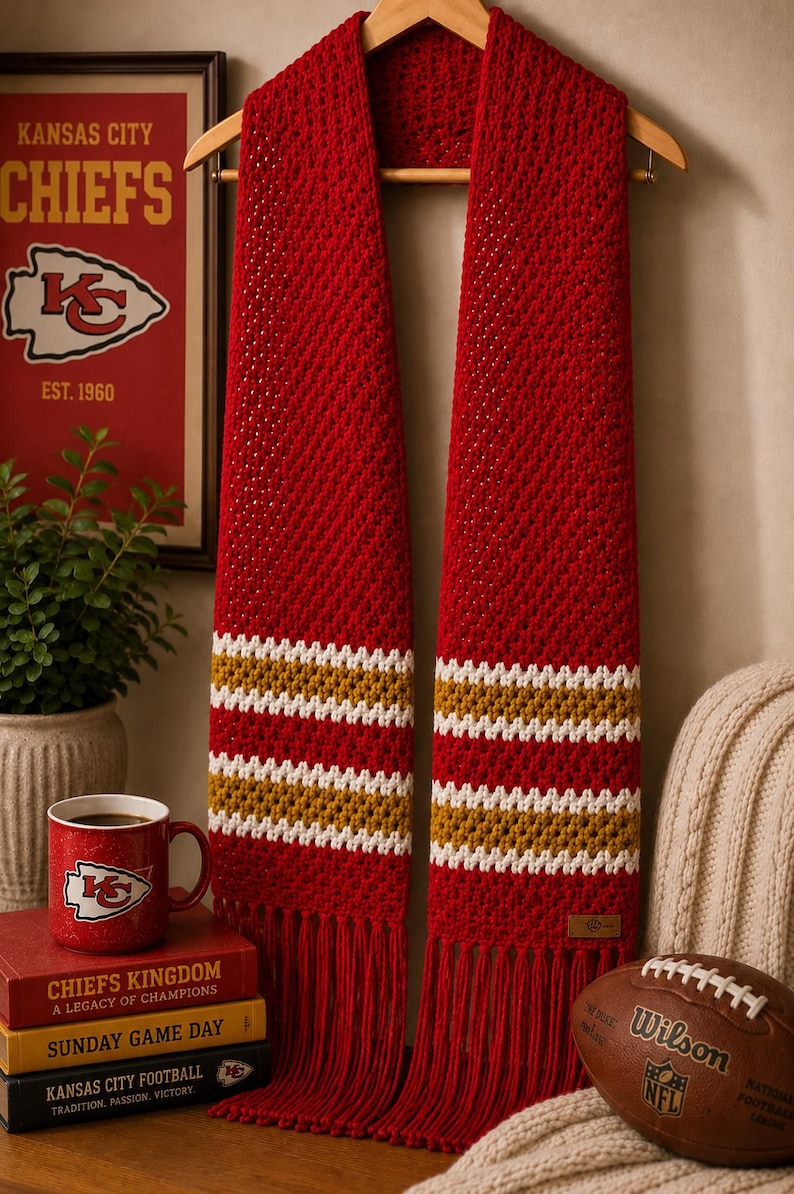 May include: A red crochet scarf with white and gold stripes and fringe, hanging on a wooden clothes hanger. The scarf is displayed with a mug and books featuring the Kansas City Chiefs logo. A football is also present.